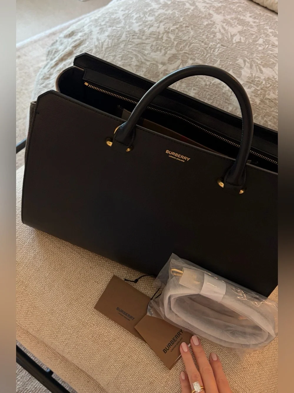 BURBERRY Calfskin Mega Check Medium Banwell Tote Black